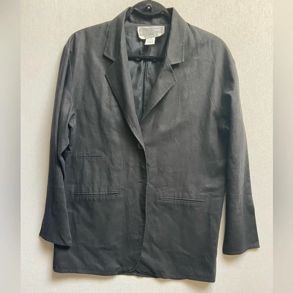 Pat Argenti Classic Black Linen Cotton Blazer Jacket  Sz S